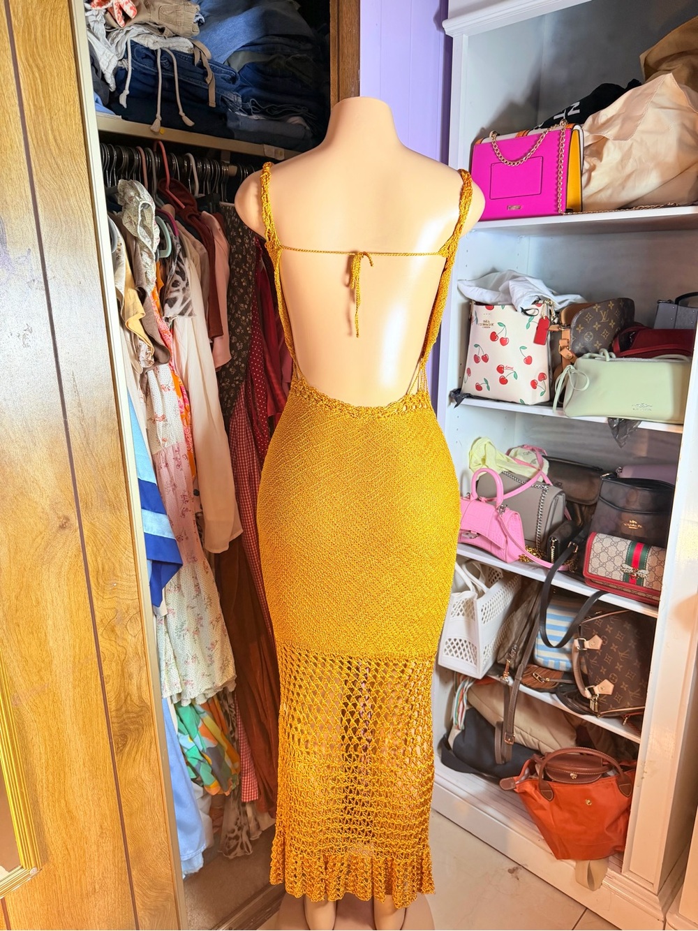Backless Crochet Midi Dress in Mustard Yellow